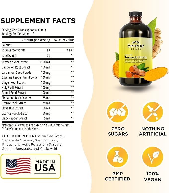 Serene Herbs Liquid Turmeric with Black Pepper - Turmeric Shots Curcumin Supplement 1000mg Extra Strength Herbal Drink Digestive Bitters for Bloating Relief Joint Health Energy &amp Clarity - 16oz