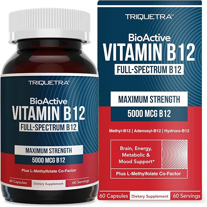 BioActive Vitamin B12 - 5000 mcg Contains 3 BioActive Forms B12 Plus Methylfolate Cofactor - Methyl B12 Adenosyl B12 &amp Hydroxy B12 | Supports Energy Metabolism &amp Mood | Vegan Non-GMO (60 S