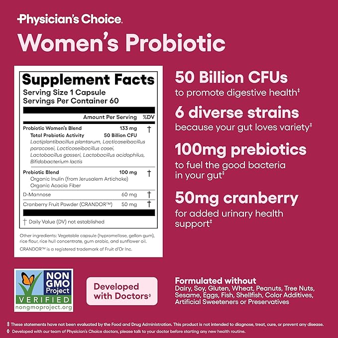 Physician's Choice Probiotics - PH Balance Digestive UT &amp Feminine Health - 50 Billion CFU - 6 Unique Strains for Women - Organic Prebiotics Cranberry Extract+ - Probiotic - 60 CT