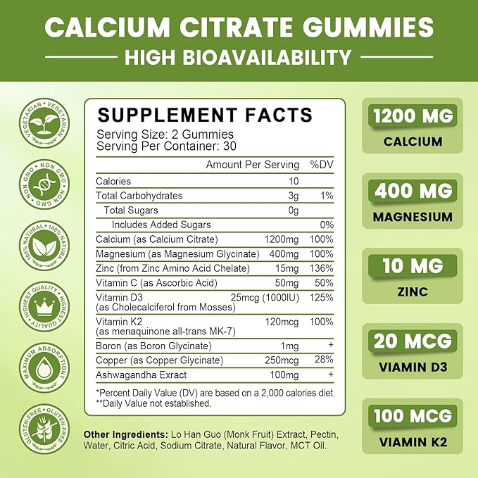 Calcium Citrate Gummies for Women 1200mg Calcium Citrate Magnesium with Vitamin C D3 K2 Absorption Calcium Supplements for Bone Muscle Immune Sugar Free (120Count)