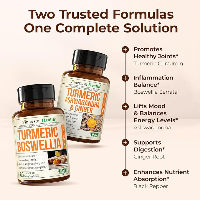 Boswellia Turmeric Curcumin Supplement + Turmeric Ashwagandha with Ginger Bundle – for Joint Health Energy &amp Immune Support – with Ginger Root Organic Turmeric Powder Curcumin with Black Pepper