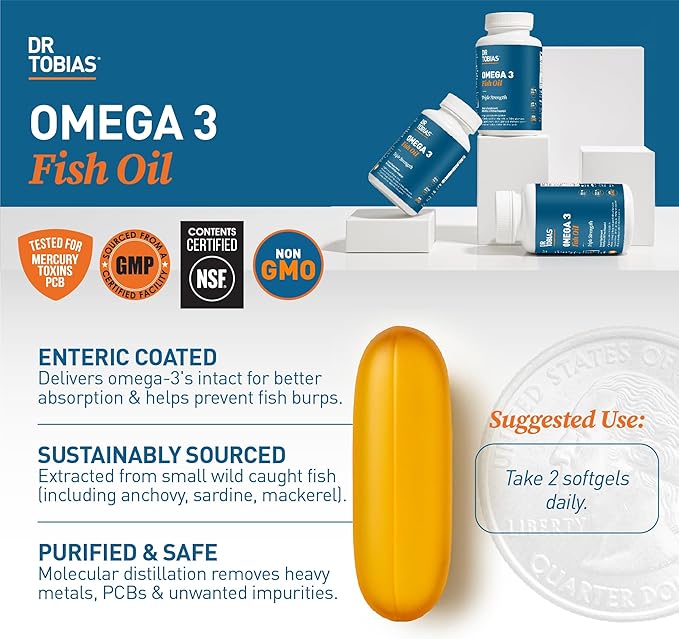 Dr. Tobias Omega 3 Fish Oil 2000mg Triple Strength with 800mg EPA 600mg DHA Per Serving | Fish Oil Omega 3 Supplements for Heart Brain &amp Immune Support - 360 Softgels (180 Servings)