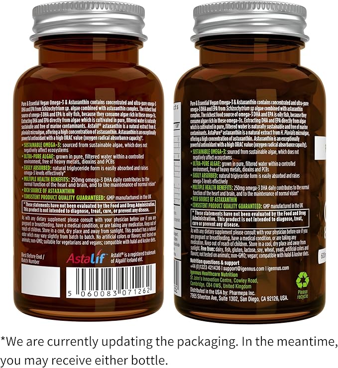 Vegan Omega-3 Algae Oil + Super B12-Complex 5000mcg Vegan Bundle High Concentration DHA &amp EPA + High Strength B12 Cherry Flavor Sublingual Spray by Igennus