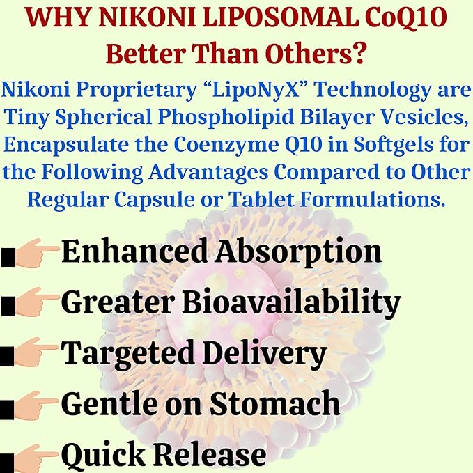 Nikoni Liposomal CoQ10 1000mg Vegan Softgel Higher Absorption Supports Heart Brain &amp Energy One Vegan Softgel/Serving 60 Days Supply