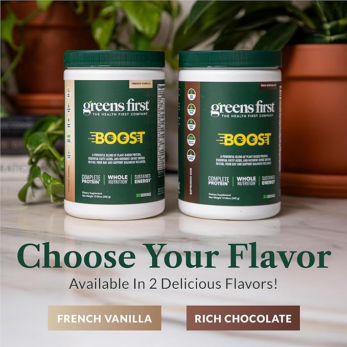 Greens First Boost - Plant-Based Protein &amp Balanced Nutrition - Superfood Shake Mix - No Wheat or Soy - Dairy-Free - Vegan - French Vanilla 12.06 oz. (Pack of 2)