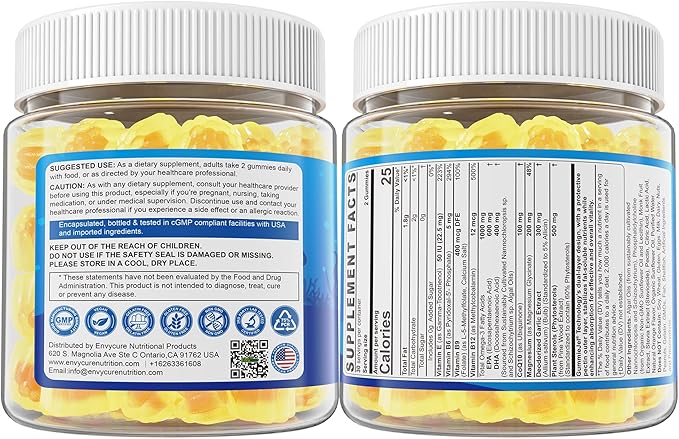Vegan Omega-3 Gummies 1000mg +CoQ10+Magnesium- EPA 600mg DHA 400mg Fish Oil Omega 3 Supplements Alternative for Women Men Adults Liposomal Algae Plant Sterols GarlicB6B9 B12 Sugar Free 2Pack