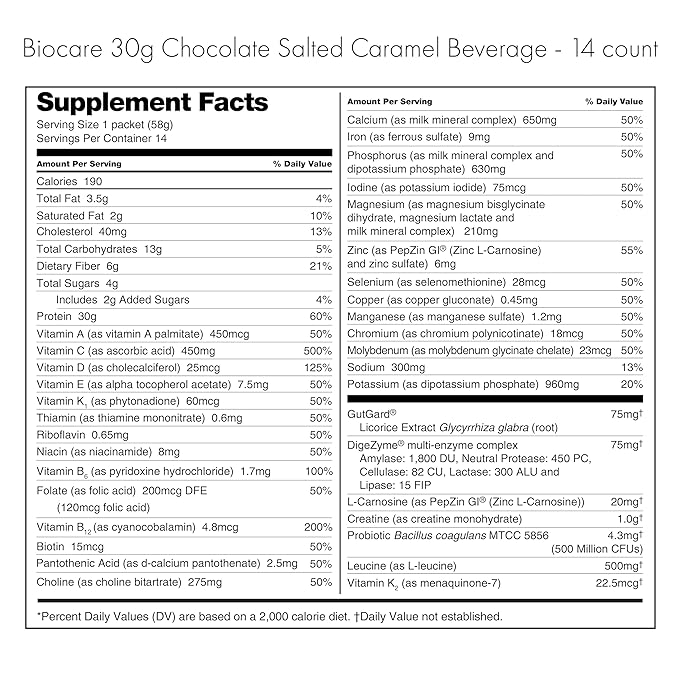 Biocare Nutritional Beverage for GLP-1 Users Dietary Powder Drink Provides 30 g Essential Protein 26 Vitamins/Minerals Helps Ease Nausea Bloating Constipation Choc Salted Caramel Shake 14ct