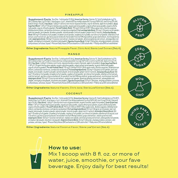 Bloom Nutrition Superfood Greens Powder Stick Packs Digestive Enzymes with Probiotics and Prebiotics Gut Health Bloating Relief for Women Chlorella Green Juice Mix 18 SVG Tropical Variety