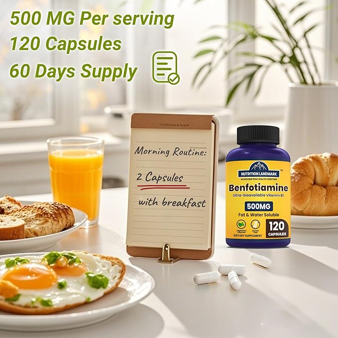 B1 Benfotiamine 500mg per Serving 120 CapsulesFat &amp Water Soluble Vitamin B1 Gluten Free Non-GMO Vegetarian 2 Pack