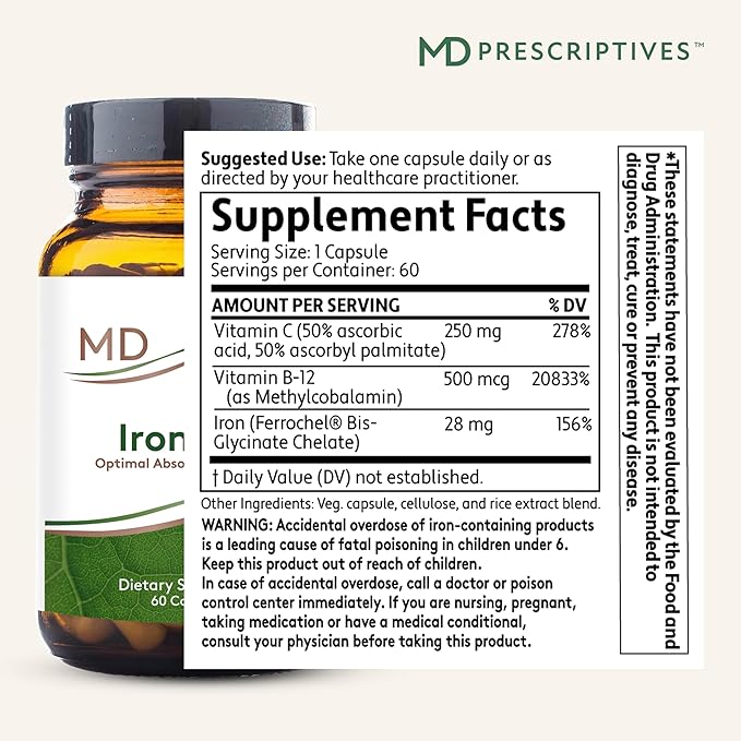 MD Prescriptives Iron MD Capsules - Daily Iron Supplement for Women &amp Men with Vitamin C Vitamin B12 &amp Folic Acid - Optimal Absorption Formula - 60 Veg Capsules