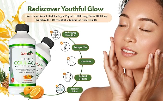 Liquid Collagen for Women &amp Men-Pine'O'Range Flavored Premium Grade 10000 mcg Biotin+8000 mg of Hydrolyzed Collagen for Radiant Skin GlowAnti-AgingHair Growth &amp Nice Nails.16 fl oz-Made in U