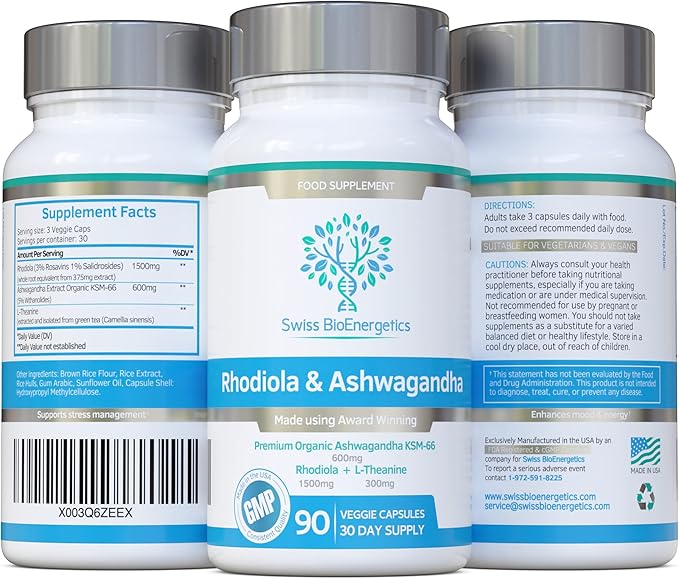 Rhodiola &amp Ashwagandha with L-Theanine - Award Winning Ashwagandha KSM-66 600mg &amp 1500mg Rhodiola (3% Rosavins - 1% Salidrosides) whole root equivalent- adaptogen combo- No artificial fillers