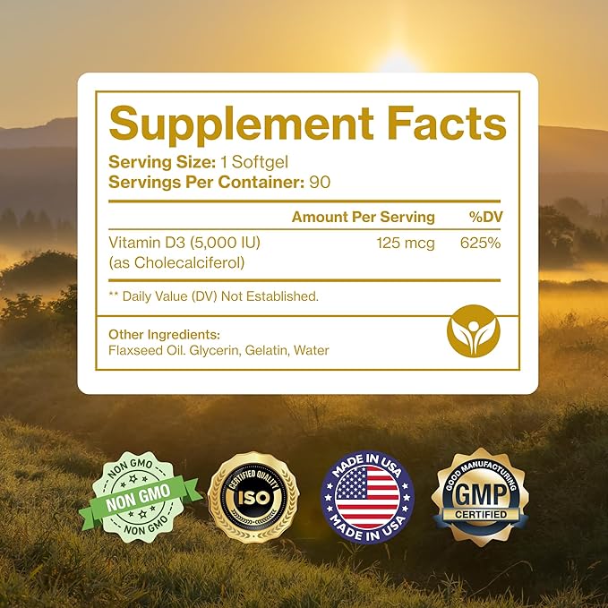 Pure Micronutrients Pure D3 – Vitamin D3 5000 IU Natural Vitamin D Supplements (Cholecalciferol) - Immune Support Healthy Muscle Function &amp Bone Health - 90 Mini Softgels