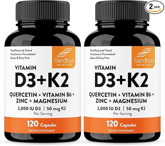 Sandhu's Vitamin D3 K2 Magnesium 2000 IU 50mcg K2 Capsules 120 Count (Pack of 2) | with VIT B6 Zinc &amp Quercetin | D3K2 Supports Superior Absorption Energy Immune Muscle Health for Men &amp W