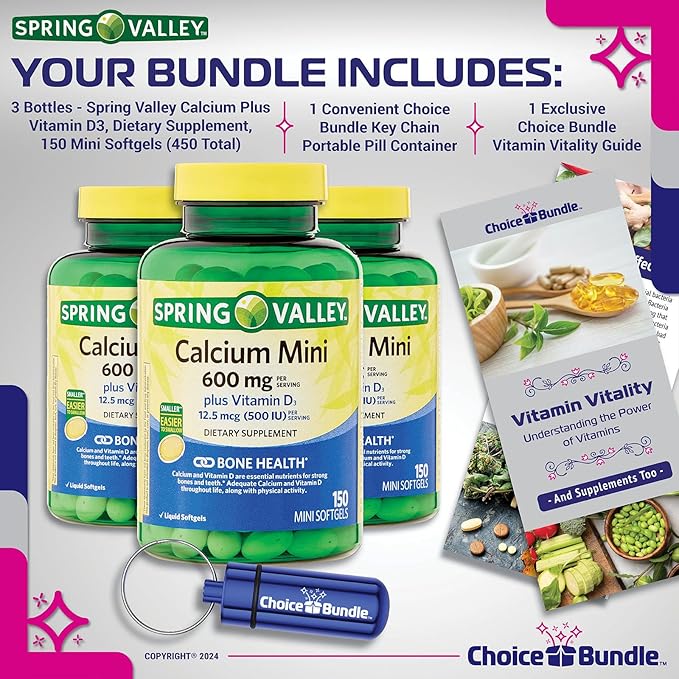 Spring Valley Calcium 600 mg Plus Vitamin D3 12.5 mcg 150 Ct Mini Softgels 3 Pk (450 Total) + “Vitamin Vitality” Guide &amp Pill Container (5 Items)!
