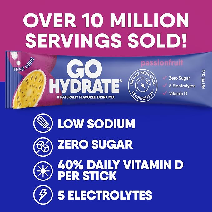 GoHydrate Low Sodium Electrolytes Powder Packets Sugar Free - Instant Hydration Daily Drink Mix - Zero Sugar Water Flavor Packet Singles with Vitamin D - (Passion Fruit 30 Packs)