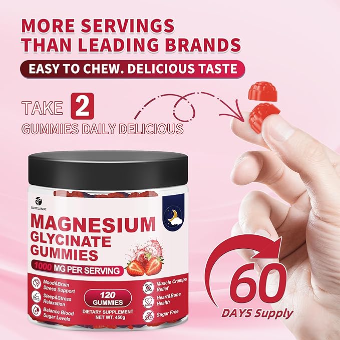 120 CT Magnesium Glycinate Gummies 1000 mg for Women and Men Magnesium Malate &amp Taurate Supplements for Sleep Body Support and Relaxation Sugar Free Vegan Strawberry Flavor