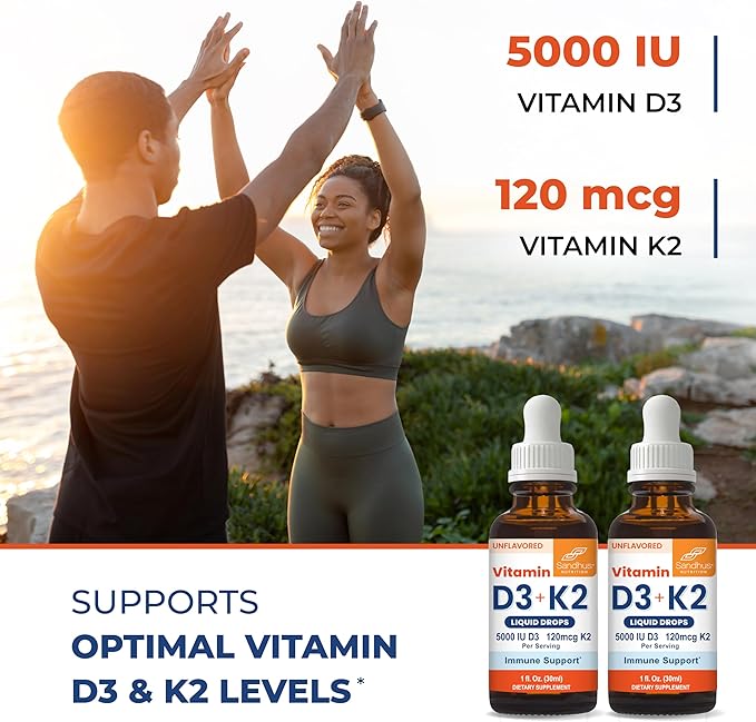 Sandhu's Vitamin D3 K2 Drops for Adults | 5000 IU D3 Liquid 120mcg K2 Supplement 1 Fl Oz (Pack of 2) | D3K2 Supports Superior Absorption Energy Immune Muscle Health for Men &amp Women