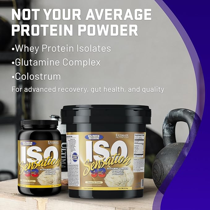 Ultimate Nutrition Whey Protein Isolate Powder with Glutamine Complex ISO Sensation 93 - Whey Protein Powder with Added Colostrum for Enhanced Recovery Immunity &amp Gut Health - Banana 5lbs