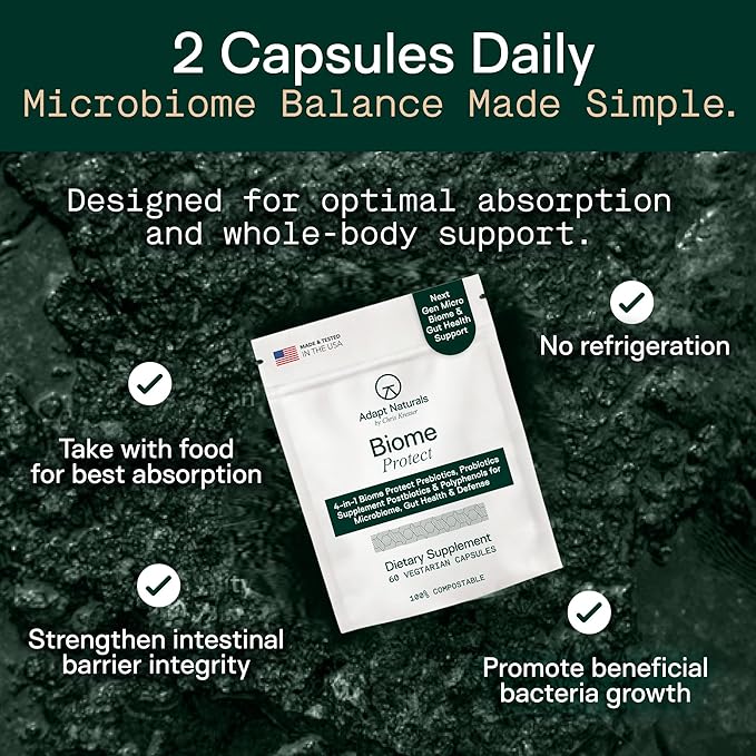 Adapt Naturals 4-in-1 Biome Protect Prebiotics Probiotics Supplement Postbiotics &amp Polyphenols for Microbiome Gut Health &amp Defense for Women &amp Men 60 Day Supply