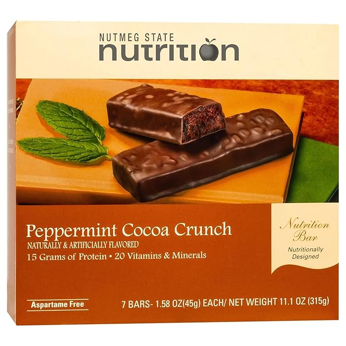 Nutmeg State Nutrition - High Protein Snack Bars 15g Protein 160 Calories Low Sodium 18g Carbs 5g Fiber 7 Servings Per Box (Peppermint Cocoa Crunch)