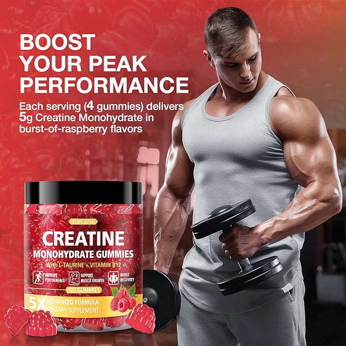 Creatine Gummies for Men &amp Women - Chewable Creatine Gummy with Taurine &amp Vitamin B12 5g Creatine Monohydrate per Serving 120 Gummies - Raspberry Flavor Raspberry-Shaped