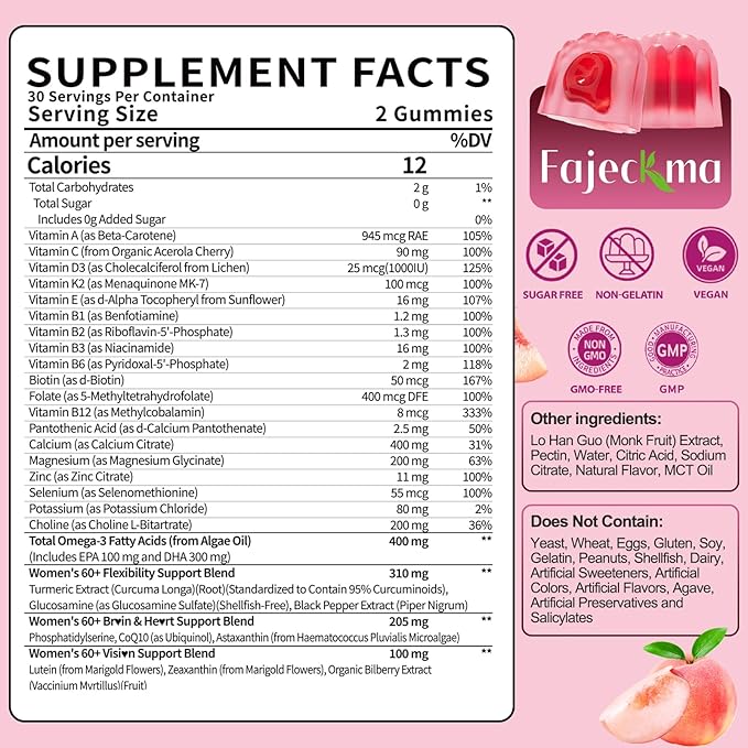 Gummies Multivitamin for Women Over 60: Organic Daily Multi Vitamins for Women Over 60 Plus Omega 3 Biotin Vitamin D3 K2 B12 Calcium Choline CoQ10 Magnesium - Sugar Free Vegan Gummy(60Count)