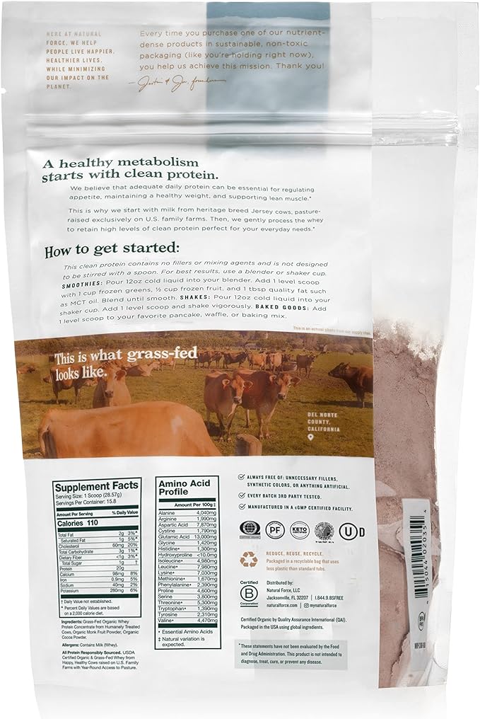 Natural Force Whey Protein Powder – Chocolate – Grass Fed Organic Pure Keto &amp Paleo Friendly Low Carb Kosher Non GMO – 1 Pound