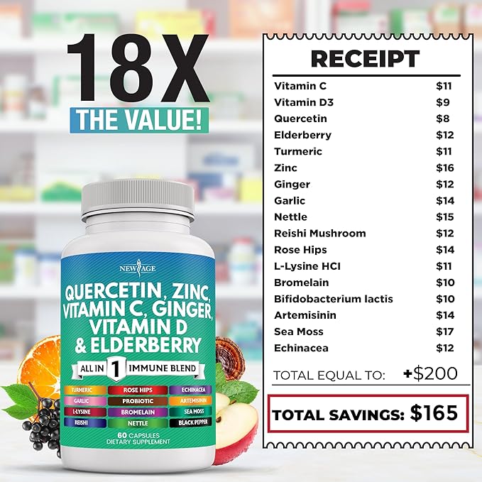 Quercetin Zinc Vitamin C Vitamin D Bromelain Elderberry - Nettle Supplement with Artemisinin Sea Moss Echinacea - 60 Count