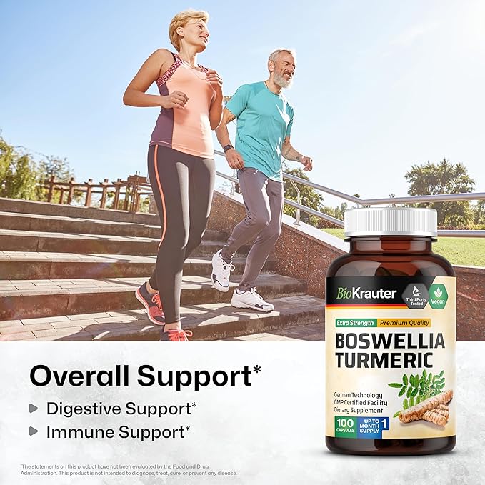 BIO KRAUTER® Turmeric Curcumin Supplement with Boswellia for Joint Support - Vegan Turmeric with Black Pepper &amp Boswellia Extract 100 Capsules 33 Days of Supply Non-GMO - Natural Digestive Suppo