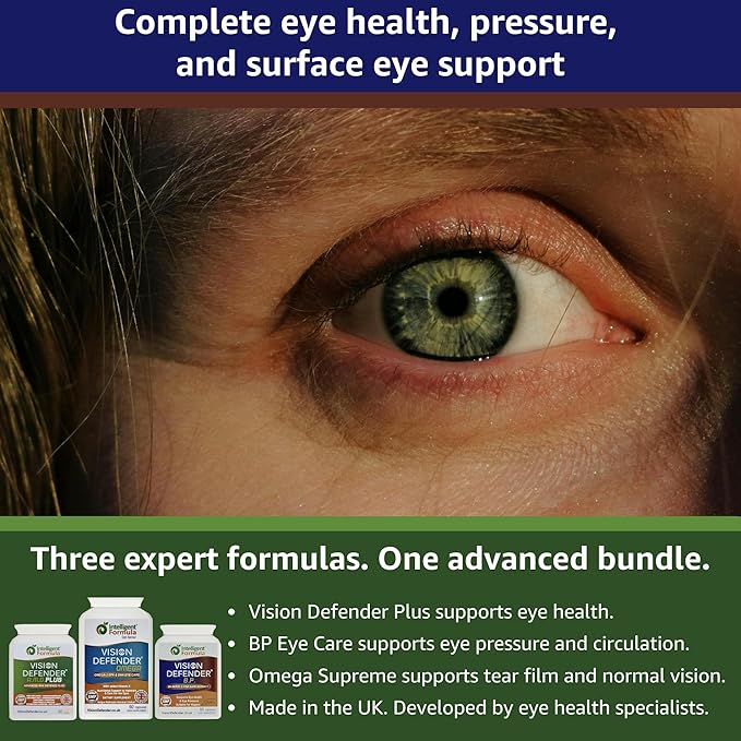 Vision Defender Plus &amp BP &amp Omega Supreme Eye Care Bundle – Eye Supplements with AREDS2 (inc. Lutein Zinc) Meso-Zeaxanthin Bilberry Pine Bark Omega-3 Fish Oil (EPA DHA). Made in UK