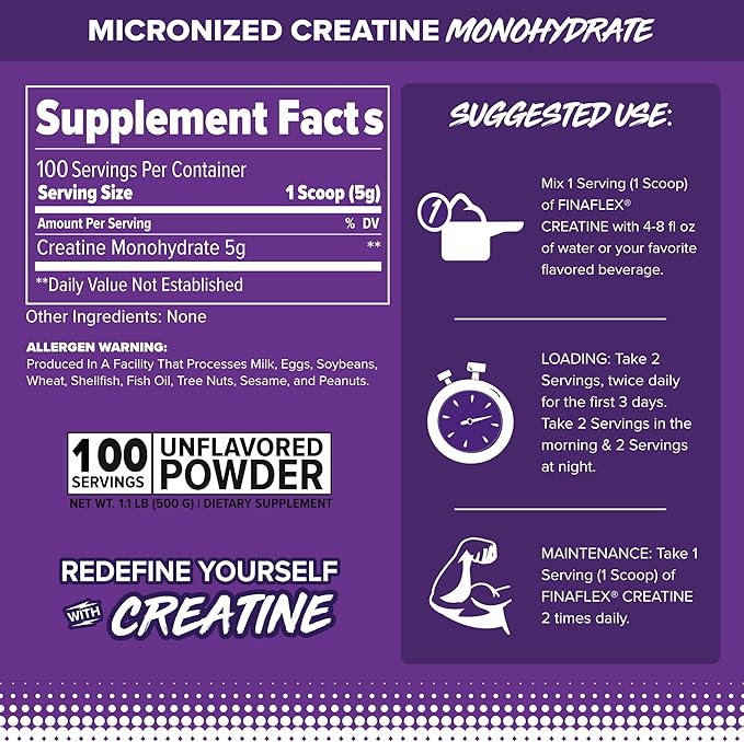 FINAFLEX PURE CREATINE Unflavored - 500G - Promotes Muscular Strength Size &amp Performance - 100% Pure Micronized Creatine Monohydrate - NSF Certified - 100 Servings