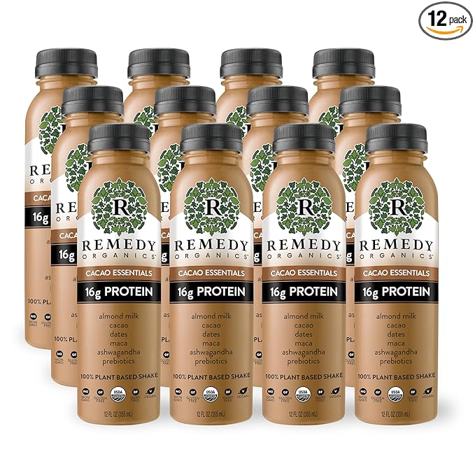 Remedy Organics Cacao Essentials 12-Pack | Plant Based 16g Protein Shakes Ready to Drink | USDA Organic Gluten Free Dairy Free Soy Free