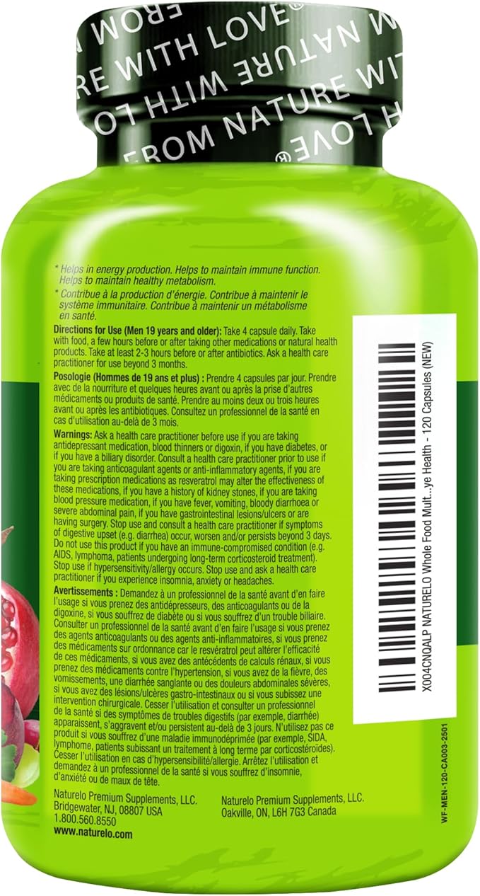 NATURELO Mens Multivitamins - Whole Food Multivitamin for Men with Vitamins Minerals - 120 Vegetarian Capsules for Energy Brain Heart Eye Health*