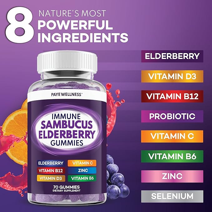 PAYÉ Elderberry Gummies Immune Support Daily Support for Kids and Adults* with Sambucus Elderberry Zinc Vitamin C D3 B6 B12 Plus - Dietary Supplement - 210 Count