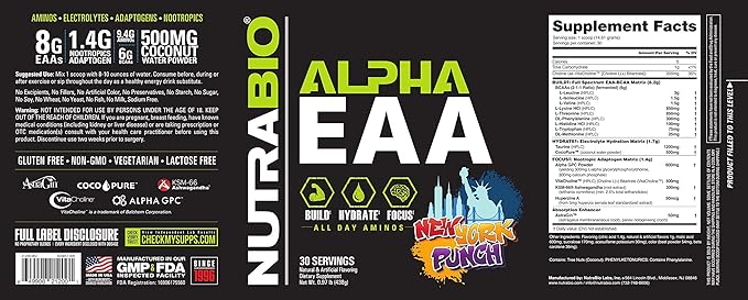 NutraBio Alpha EAA - All-Day Amino Acids for Muscle Growth and Hydration - Essential Amino Acids with Nootropics &amp Adaptogens- Full Spectrum EAA BCAA Powder - 30 Servings - New York Punch