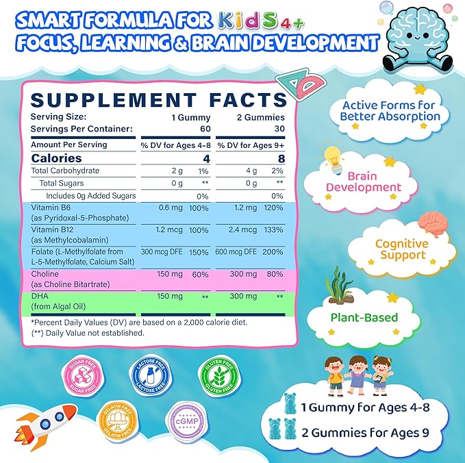 L Methylfolate for Kids Gummies Active 5-MTHF + Methyl B12 B6 Choline &amp Vegan DHA Methylated Vitamins for Kids MTHFR Supplement Support Mood Bēhavior Cognition Brain Focus Sugar Free 2