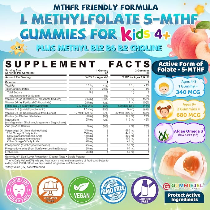 Kids L-Methylfolate Gummies Active 5-MTHF + Methyl B12 Vitamin B6 B2 Choline Vegan Omega 3 DHA &amp EPA + Kids Omega 3 Gummies + Calcium 400mg + Vitamin D3 K2 + C Omega-3 DHA &amp EPA Suppleme