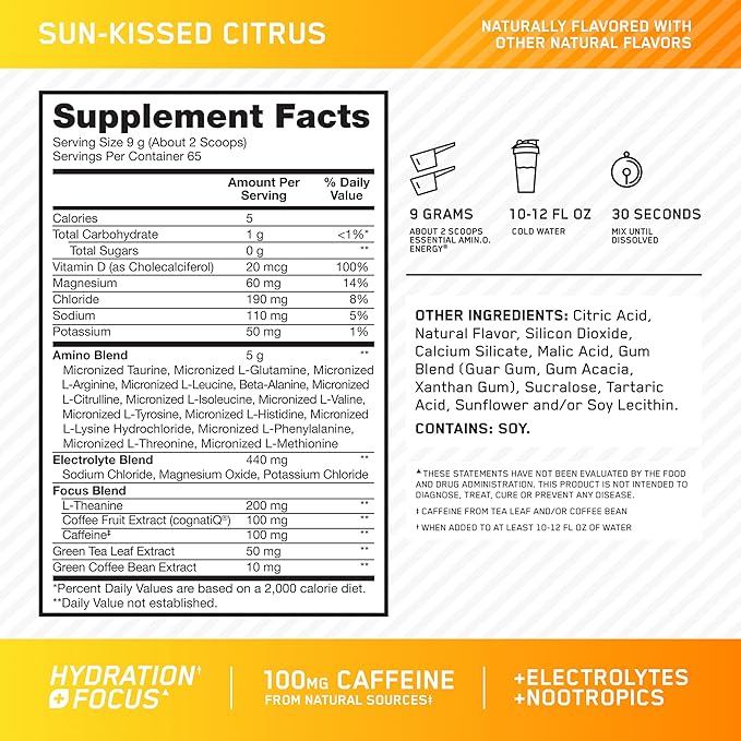 Optimum Nutrition Amino Energy Powder Plus Focus with BCAA Electrolytes and Caffeine Sunkissed Citrus 65 Servings (Packaging May Vary)