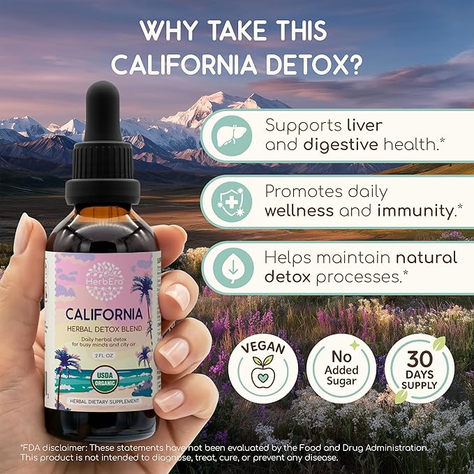 HerbEra California Herbal Detox Blend - USDA Organic Extract Made in USA | Immune &amp Liver Support Liquid Drops | Burdock Dandelion Root Eleuthero Milk Thistle Schisandra | 2 fl oz