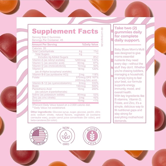 Baby Blues Mom's Multi Daily Multi-Vitamin Gummies for Moms Complete Daily Support Energy &amp Mood Enhancer Immunity &amp Wellness Blend Supports Hair Skin &amp Nails Gentle &amp Easy to Di