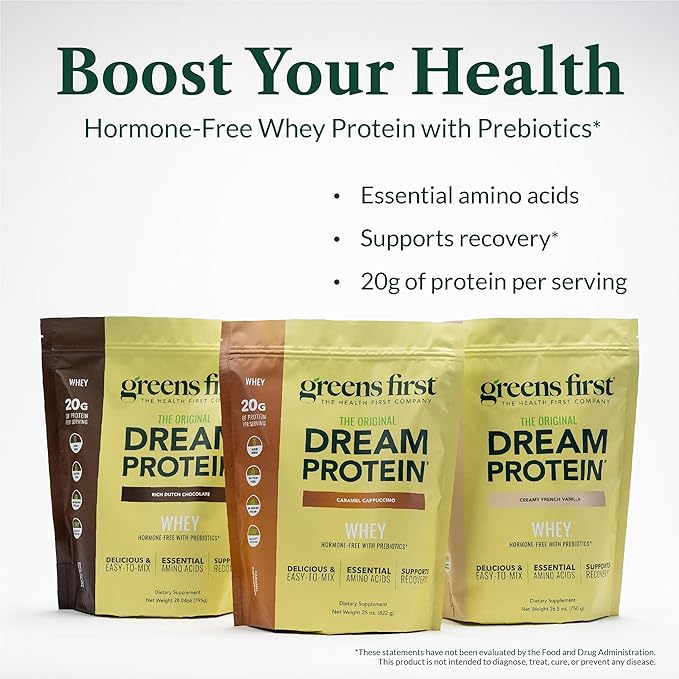 Greens First Dream Protein Powder Whey - 20g Protein Per Serving - Hormone-Free with Prebiotics - Non-GMO - No Artificial Sweeteners/MSG/Aspartame (Caramel Cappuccino 25 oz)