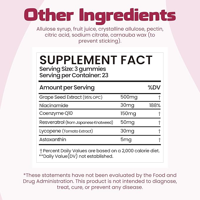 Advanced Antioxidant Beauty Sugar-Free Gummies with Resveratrol &amp Grape Seed &amp CoQ10 Lycopene &amp Astaxanthin Gluten Free Gelatin Free Non GMO Vegetarian Peach Flavor 70 Gummies (2)
