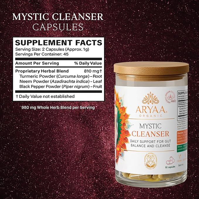 Mystic Cleanser Capsules – 90 Count | Daily Detox &amp Immune Support | 980 mg Whole Herb Blend of Neem Turmeric &amp Black Pepper | Vegan Non-GMO Gluten-Free | Sound-Infused with 528Hz