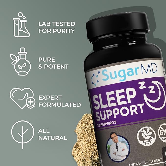SugarMD Sleep Support Supplement – 60 Sleep Capsules with Lemon Balm Valerian Root Hops Extract Chamomile Extract &amp BioPerine – Non-GMO &amp Gluten Free – Sleep Supplememts for Adults (30-Day