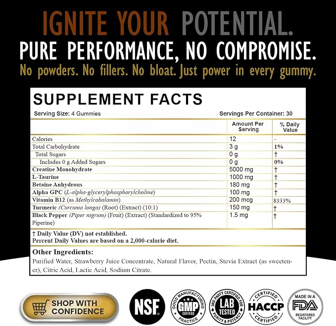 Creatine Monohydrate Gummies for Men &amp Women - Sugar Free &amp Vegan Advanced Formula W/L-Taurine + Vitamin B12 - for Muscle Strength Muscles Builder Recovery (120 Count (Pack of 1) Strawberry
