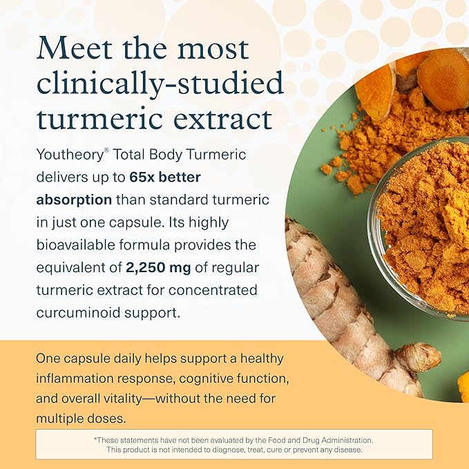 Youtheory Total Body Turmeric Vegetarian Capsules 30 Count Supports Healthy Inflammation Response and Cognition