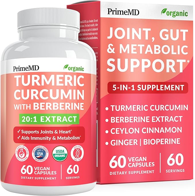5-in-1 USDA Organic Turmeric Curcumin Supplement - 230mg with Berberine Ceylon Cinnamon Bioperine and Ginger Supplements for Mobility Digestion &amp Wellness Support USDA Organic 60 Servings 1-P