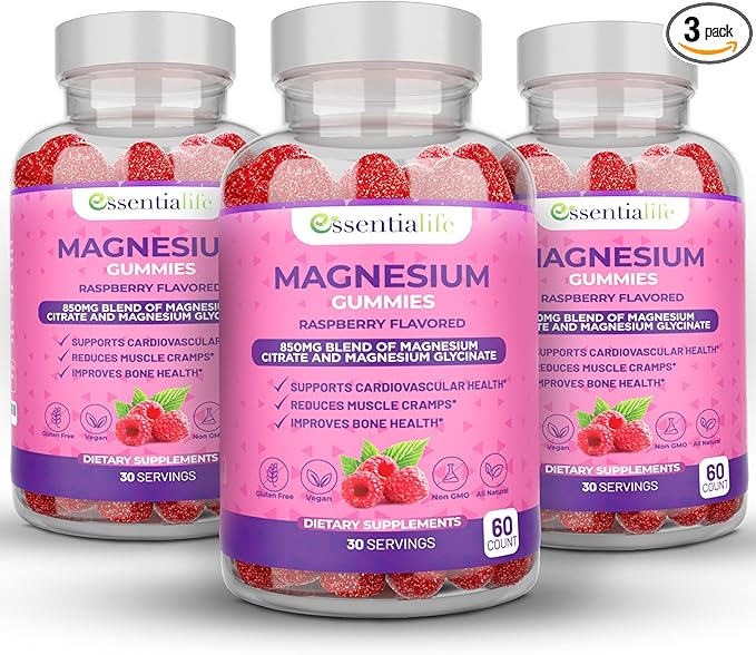 Magnesium Gummies 3 Packs Essentialife 100mg Per Serving - Blend of Magnesium Citrate &amp Magnesium Glycinate - Supports Digestion - Stay Calm &amp Wake Up Energized with Magnesium Supplements for