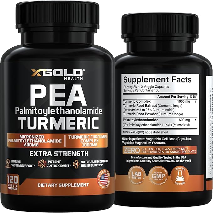 Pea Palmitoylethanolamide + Turmeric Curcumin Complex – 1600mg Micronized 99% &amp 95% Curcuminoids – High Potency Joint Support Mobility &amp Comfort – Made in USA